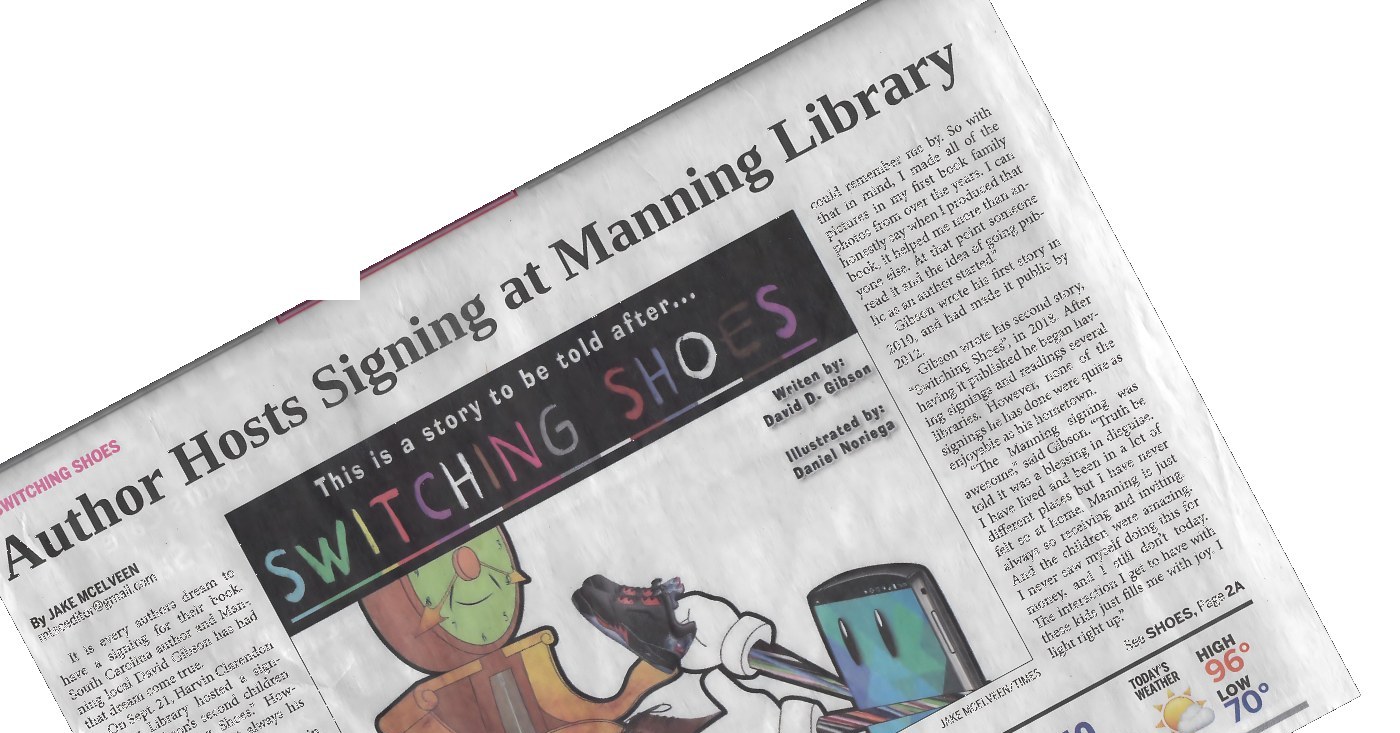 Clipping from The Manning Times: “Author Hosts Signing at Manning Library”, with the cover of Switching Shoes