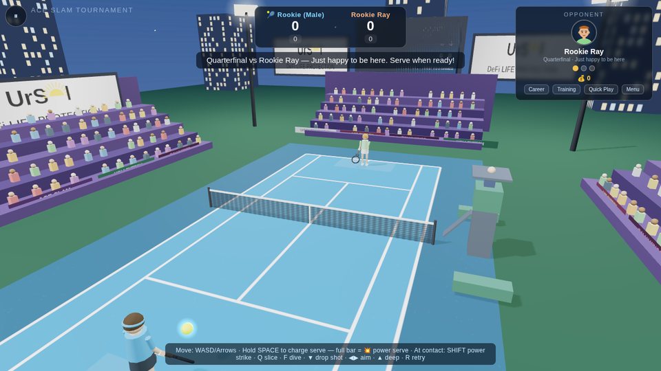 Ace Slam screenshot — A quarterfinal under the lights. You move anywhere on your half and pick a shot — drive, slice, drop, or a full-stretch dive.