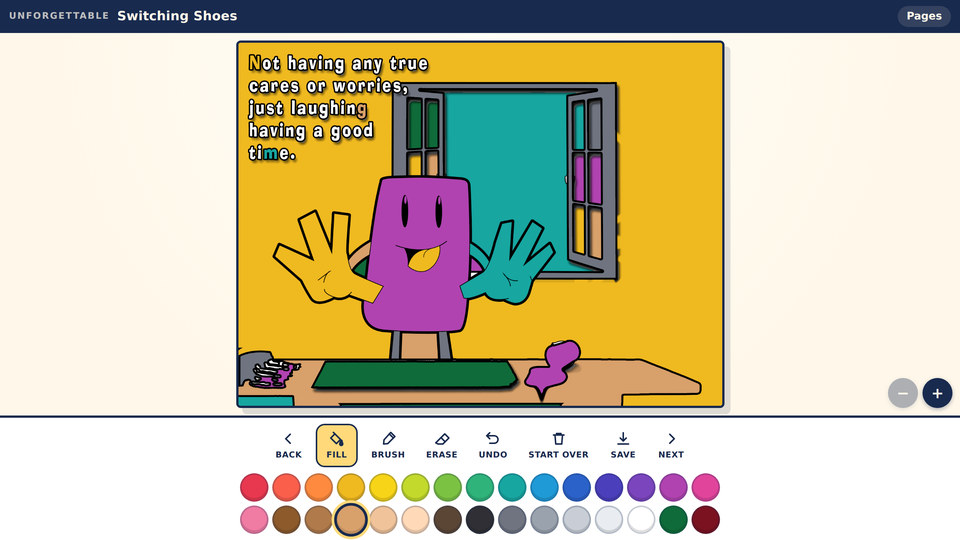 Switching Shoes Coloring Book screenshot — Page 5, colored in. Fill snaps to the black lines — including the hollow letters of the story, which color one at a time.