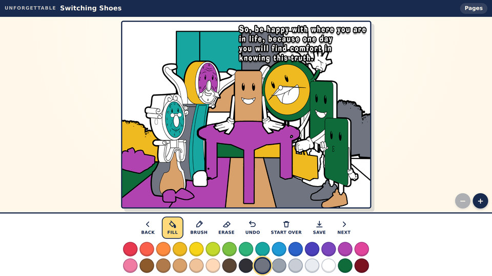 Switching Shoes Coloring Book screenshot — Page 14, one of the five. Thirty colors, and the line art stays sharp however roughly you color.