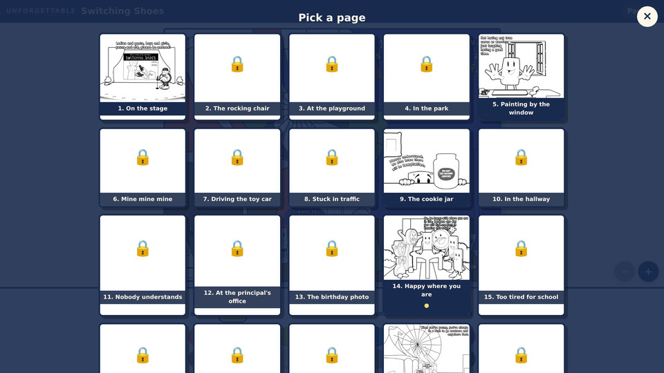 Switching Shoes Coloring Book screenshot — Pages shows the whole book — the five free pages, and the seventeen in the printed edition behind a padlock.