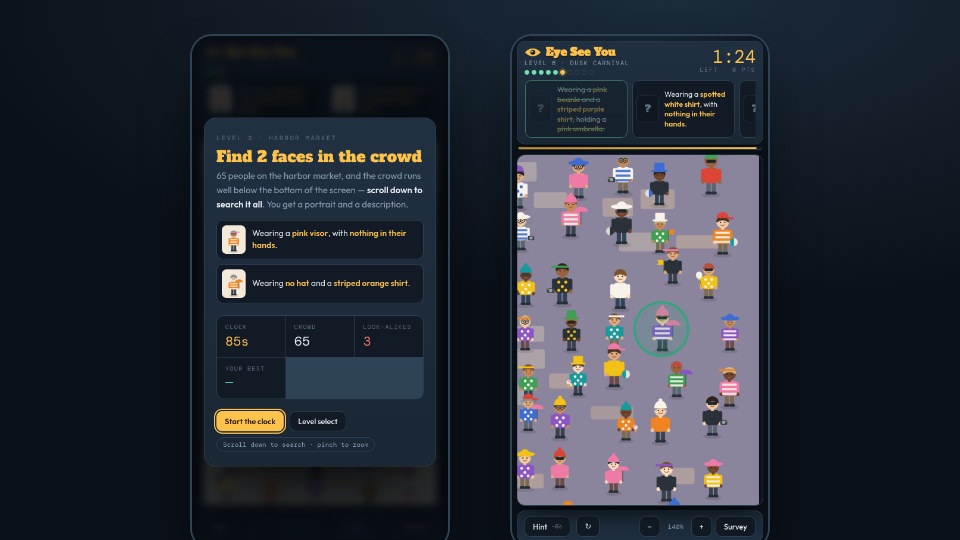 Eye See You screenshot — The briefing and the hunt. The clue stays pinned at the top while you scroll the crowd.