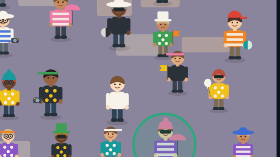 Eye See You screenshot — Zoomed in on the crowd. The person in the green ring has been found and crossed off.