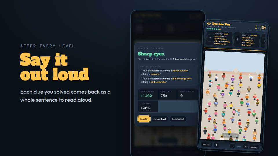 Eye See You screenshot — After each level, every clue comes back as a full sentence to read out loud.
