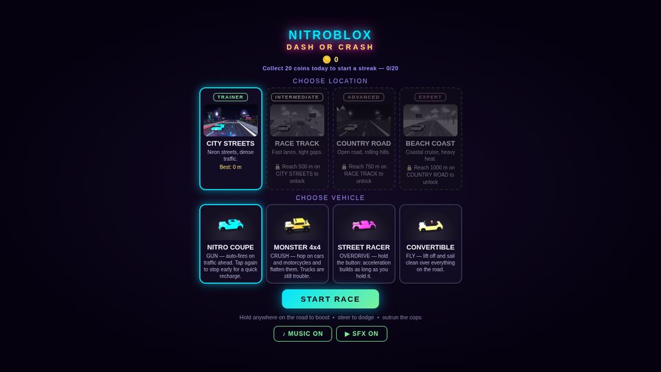 Nitroblox screenshot — Pick a location and a vehicle before the run. Each car carries a different special — pulse, crush, overdrive or fly.