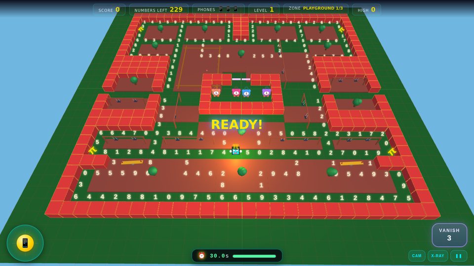 Time Runner screenshot — The Playground — the first of the five locations from Switching Shoes. Collect the numbers to buy back seconds.